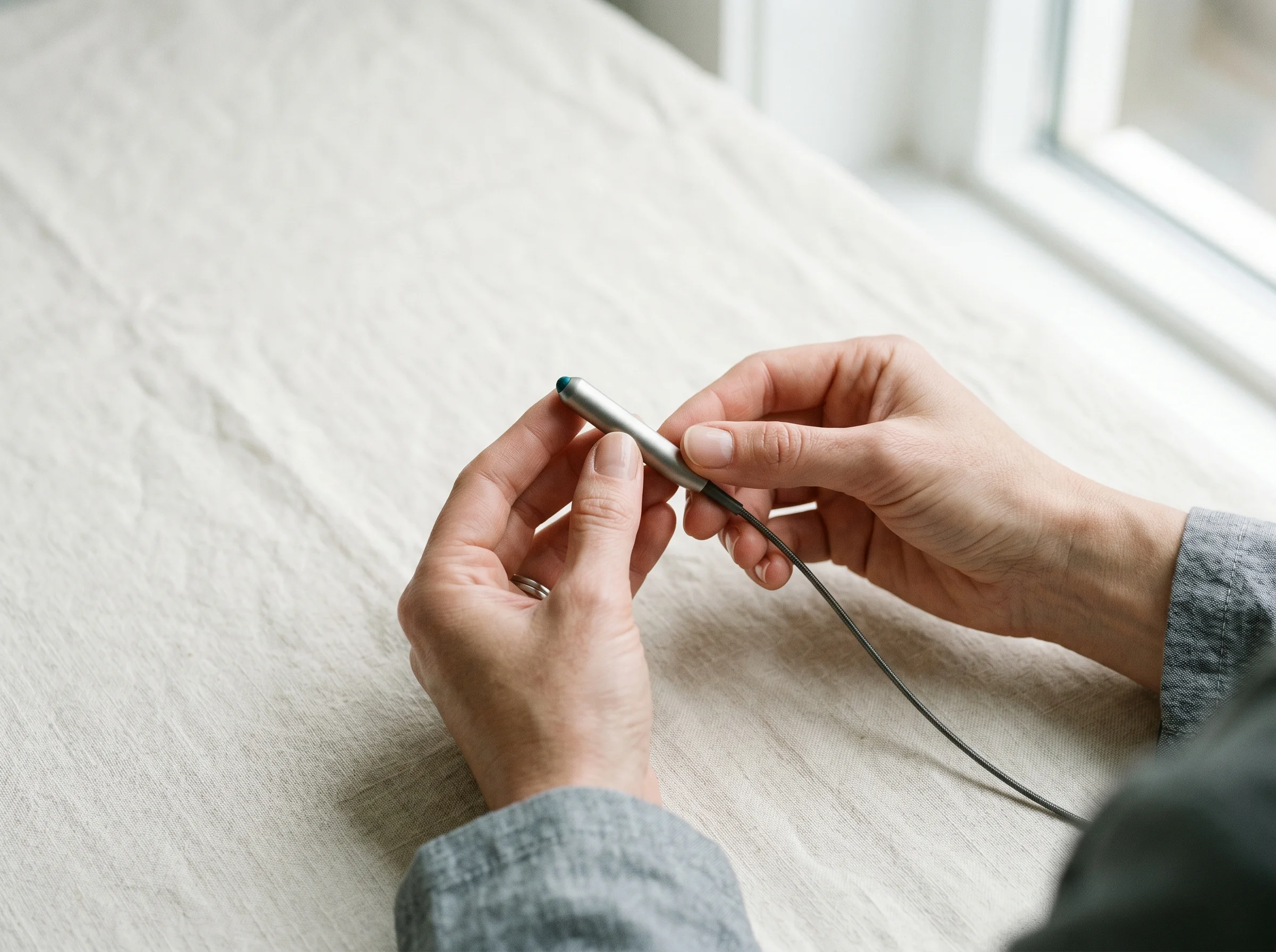 Sensor SO/Check w dłoniach specjalisty — detal instrumentu na lnianym tle